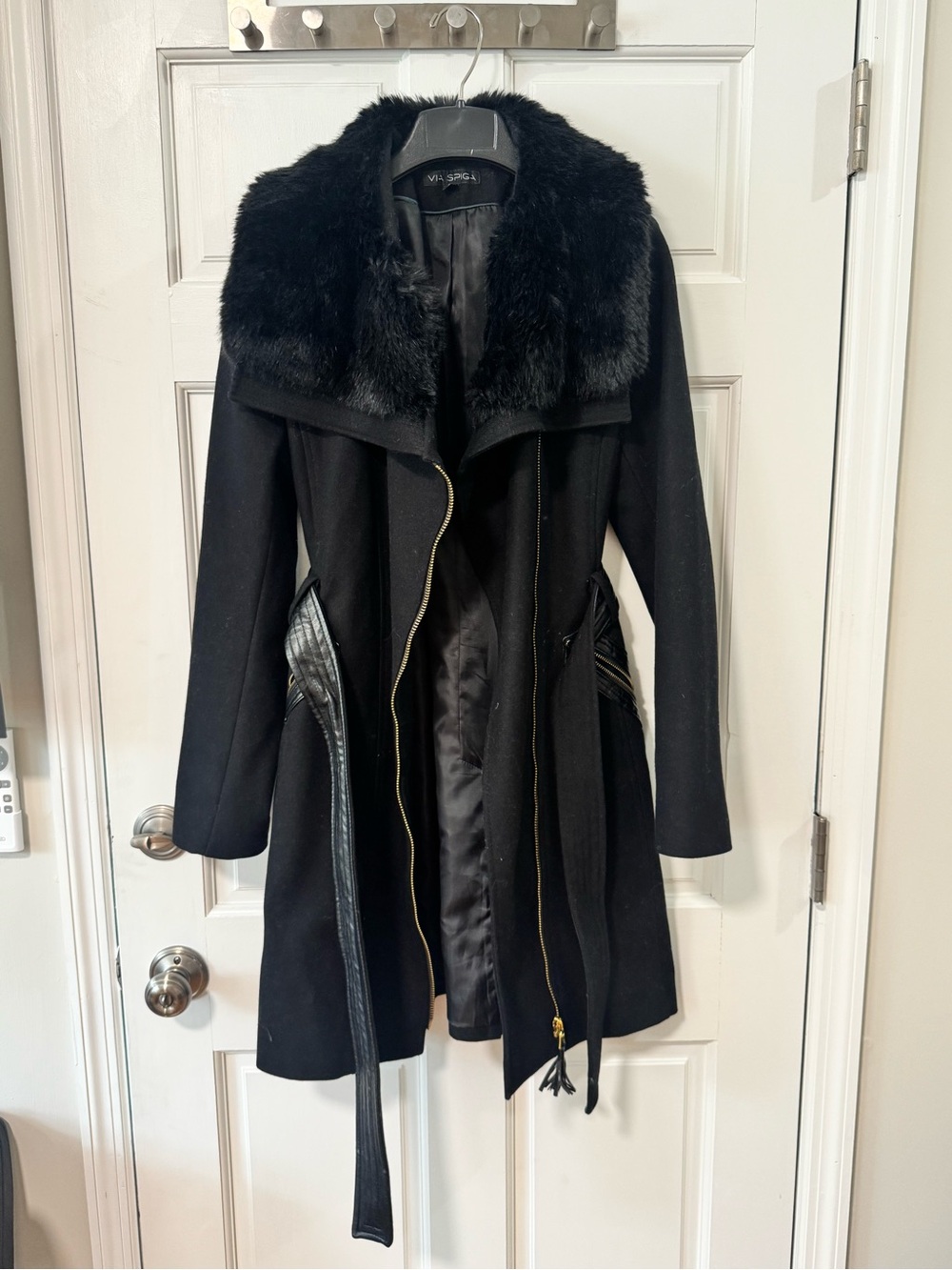 Like New Black Faux Fur Collar Wool Blend Coat